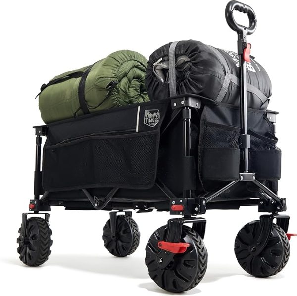 TIMBER RIDGE XXL Bollerwagen Faltbar Breite Reifen mit Bremse Strandwagen mit Seitentasche Getränkehalter Verstellbarem Griff Gartenwagen für Alle Gelände Draussen Einkaufen 100kg Belastbarkeit – Bild 2