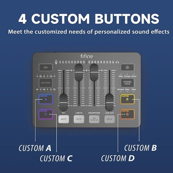 FIFINE Gaming Audio Mixer für PC, RGB Soundkarte für XLR Mikrofon, Audio Interface für Streaming Musiker, Mischpult für Gamer Creators Live YouTube, Individuelle Steuerung, Voice Changer – Bild 4