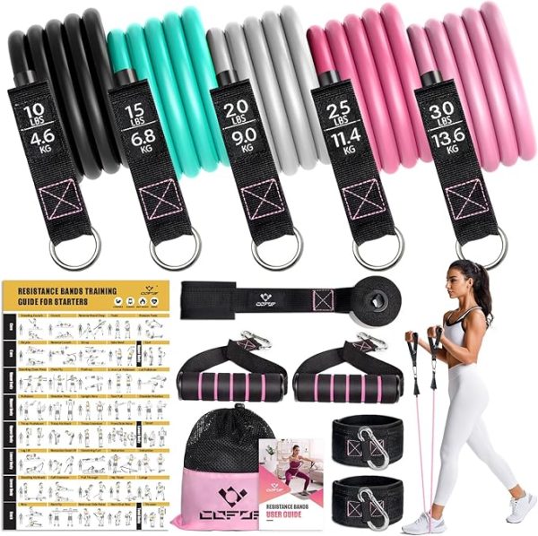 Fitnessbänder Widerstandsbänder mit 8 Stufen, 300lbs Resistance Bands mit Türanker, 2*Griffen, Übungsanleitung&Tragebeutel& Knöchelriemen, Fitnessband für Muskelaufbau,Yoga,Pilates 1.2m*8er Set – Bild 3