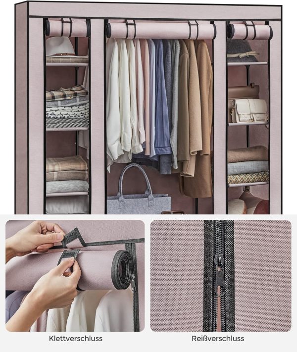 SONGMICS, Kleiderschrank aus Stoff, tragbar, für das Schlafzimmer, Kleiderständer mit Stoffabdeckung, 45 x 150 x 175 cm, 12 Fächer, Metallstruktur, Rosa (Puderrosa), LSF003P02 – Bild 12