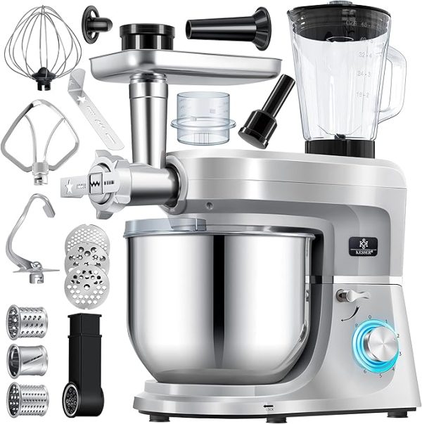 KESSER® 3 in 1 Universal Küchenmaschine K-KM 3000 mit Fleischwolf Knetmaschine Multifunktionale Rührmaschine 5,5L Schüssel mit 3 Rührwerkzeuge, 1,5L Entsafter, Zubehör-Set, Pasta & Gebäckformen – Bild 3