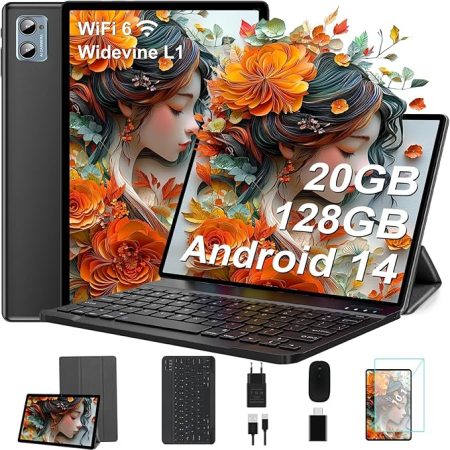 2025 Neueste Tablet 10.1 Zoll Android 14 Octa-Core 22GB RAM+128GB ROM 1TB TF, Widevine L1,5G+2.4G WiFi, GMS,BT 5.0, 8000mAh, 8MP+5MP,1280*800, Face ID, GPS,Type C, Tablet PC mit Tastatur, Maus-Blau