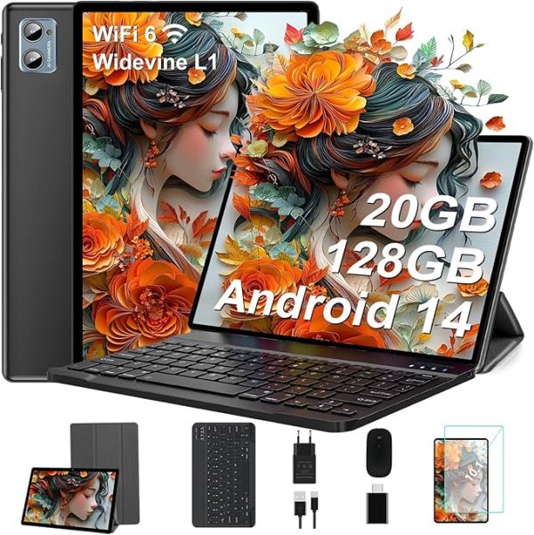 2025 Neueste Tablet 10.1 Zoll Android 14 Octa-Core 22GB RAM+128GB ROM 1TB TF, Widevine L1,5G+2.4G WiFi, GMS,BT 5.0, 8000mAh, 8MP+5MP,1280*800, Face ID, GPS,Type C, Tablet PC mit Tastatur, Maus-Blau