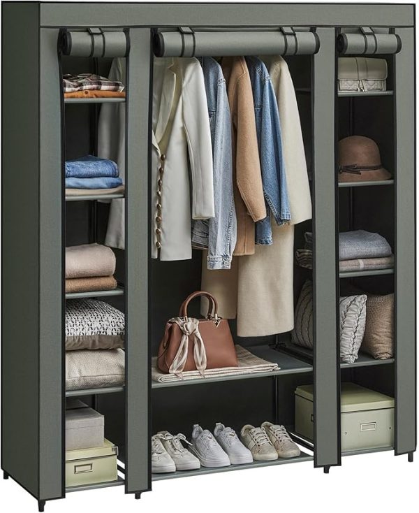 SONGMICS, Kleiderschrank aus Stoff, tragbar, für das Schlafzimmer, Kleiderständer mit Stoffabdeckung, 45 x 150 x 175 cm, 12 Fächer, Metallstruktur, Rosa (Puderrosa), LSF003P02 – Bild 6