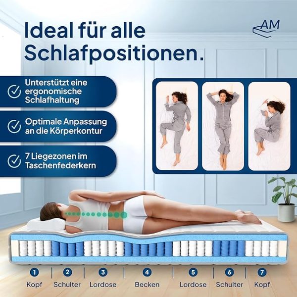 AM Qualitätsmatratzen Premium Taschenfederkernmatratze 90x200cm H3 24cm - Made in Germany & Oeko TEX Siegel - 7 Zonen Federkernmatratze 90x200 mit Lyocell Bezug - Orthopädische Matratze 90x200 H3 – Bild 4