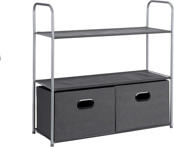 Amazon Basics Schrank-Organisationssystem mit DREI Regalböden aus Stoff und Zwei Zusammenschiebbaren Oben Offenen Behältern, 32.7" x 12.2" x 31", Grau