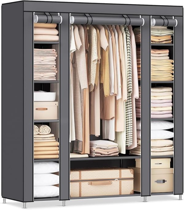 SONGMICS, Kleiderschrank aus Stoff, tragbar, für das Schlafzimmer, Kleiderständer mit Stoffabdeckung, 45 x 150 x 175 cm, 12 Fächer, Metallstruktur, Rosa (Puderrosa), LSF003P02 – Bild 2