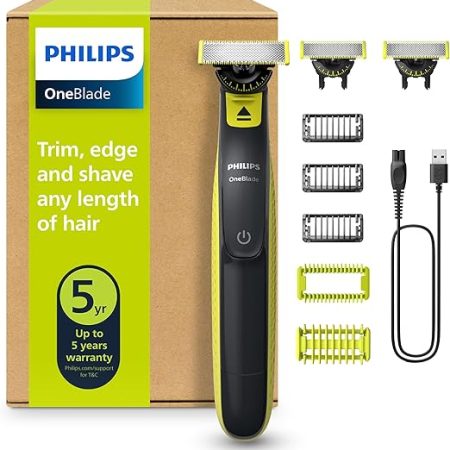 Philips OneBlade 360 Face & Body – Rasierer & Trimmer inkl. 3 x 360 Klingen, 3 Kammaufsätze (1/3/5 mm) + Skin Guard, Nass- & Trockenrasur, Akku-USB, für Gesicht & Körper (QP2824/31)