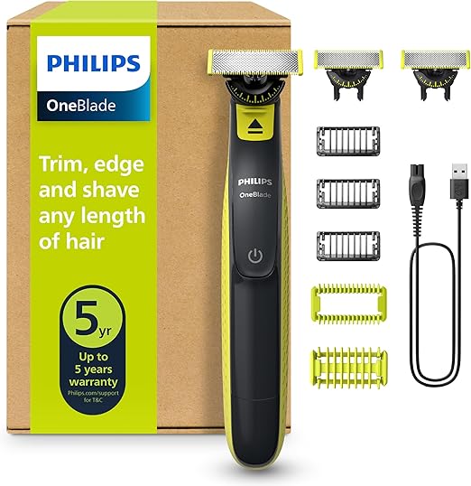 Philips OneBlade 360 Face & Body – Rasierer & Trimmer inkl. 3 x 360 Klingen, 3 Kammaufsätze (1/3/5 mm) + Skin Guard, Nass- & Trockenrasur, Akku-USB, für Gesicht & Körper (QP2824/31)