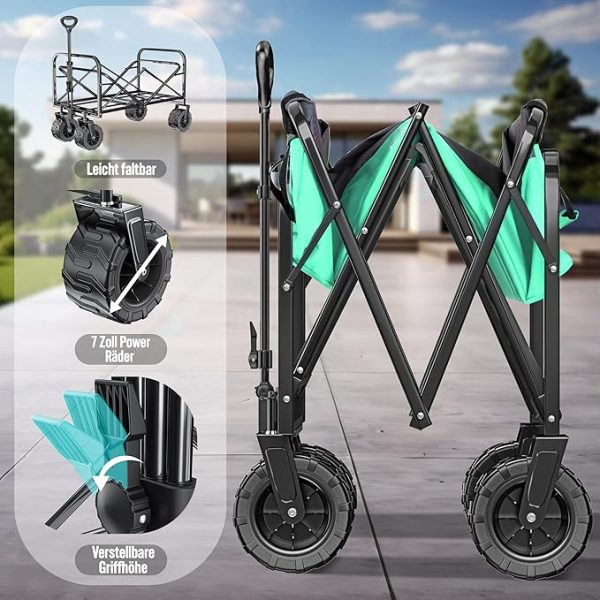 KESSER® Bollerwagen faltbar max. bis 150kg belastbar mit Breiten Vollgummi Reifen | Handwagen Transportkarre | Gerätewagen inkl. 2 Netztaschen & Seitentasche | Transportwagen Gartenanhänger klappbar – Bild 7