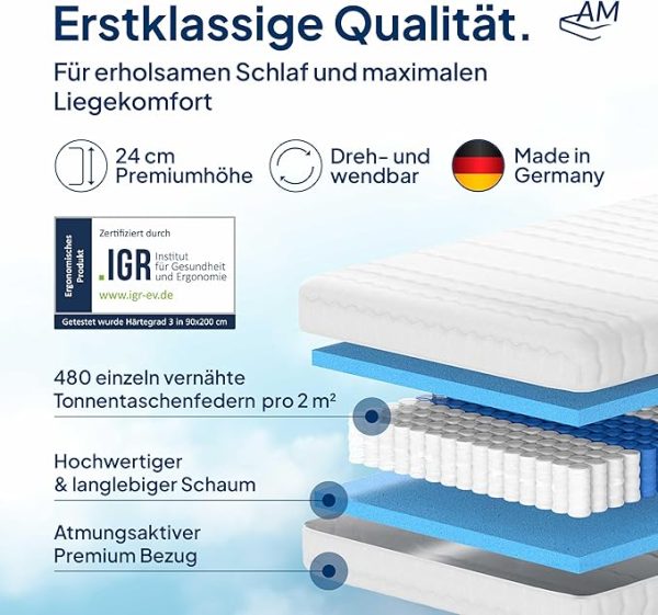 AM Qualitätsmatratzen Premium Taschenfederkernmatratze 90x200cm H3 24cm - Made in Germany & Oeko TEX Siegel - 7 Zonen Federkernmatratze 90x200 mit Lyocell Bezug - Orthopädische Matratze 90x200 H3 – Bild 8