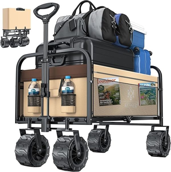 KESSER® Bollerwagen faltbar max. bis 150kg belastbar mit Breiten Vollgummi Reifen | Handwagen Transportkarre | Gerätewagen inkl. 2 Netztaschen & Seitentasche | Transportwagen Gartenanhänger klappbar – Bild 4