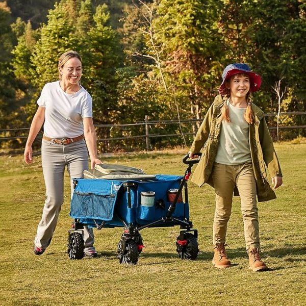 TIMBER RIDGE XXL Bollerwagen Faltbar Breite Reifen mit Bremse Strandwagen mit Seitentasche Getränkehalter Verstellbarem Griff Gartenwagen für Alle Gelände Draussen Einkaufen 100kg Belastbarkeit – Bild 4