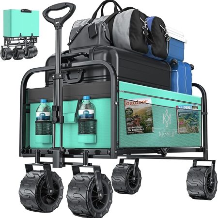 KESSER® Bollerwagen faltbar max. bis 150kg belastbar mit Breiten Vollgummi Reifen | Handwagen Transportkarre | Gerätewagen inkl. 2 Netztaschen & Seitentasche | Transportwagen Gartenanhänger klappbar