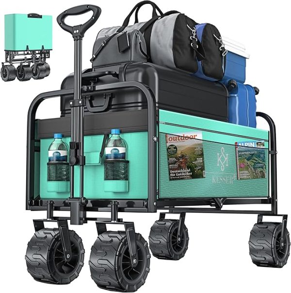 KESSER® Bollerwagen faltbar max. bis 150kg belastbar mit Breiten Vollgummi Reifen | Handwagen Transportkarre | Gerätewagen inkl. 2 Netztaschen & Seitentasche | Transportwagen Gartenanhänger klappbar