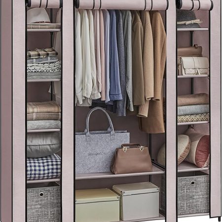 SONGMICS, Kleiderschrank aus Stoff, tragbar, für das Schlafzimmer, Kleiderständer mit Stoffabdeckung, 45 x 150 x 175 cm, 12 Fächer, Metallstruktur, Rosa (Puderrosa), LSF003P02