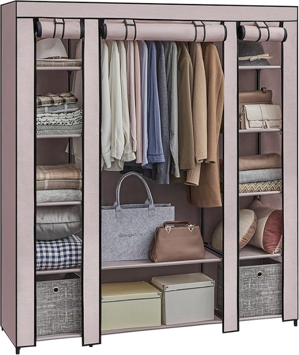 SONGMICS, Kleiderschrank aus Stoff, tragbar, für das Schlafzimmer, Kleiderständer mit Stoffabdeckung, 45 x 150 x 175 cm, 12 Fächer, Metallstruktur, Rosa (Puderrosa), LSF003P02
