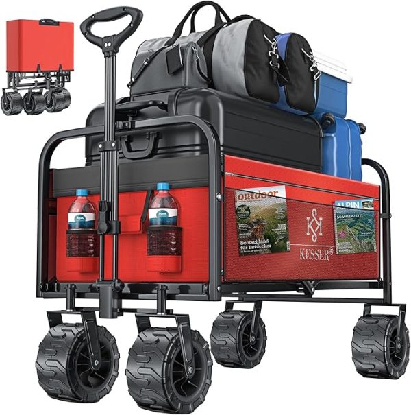 KESSER® Bollerwagen faltbar max. bis 150kg belastbar mit Breiten Vollgummi Reifen | Handwagen Transportkarre | Gerätewagen inkl. 2 Netztaschen & Seitentasche | Transportwagen Gartenanhänger klappbar – Bild 2