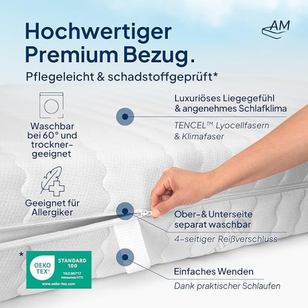 AM Qualitätsmatratzen Premium Taschenfederkernmatratze 90x200cm H3 24cm - Made in Germany & Oeko TEX Siegel - 7 Zonen Federkernmatratze 90x200 mit Lyocell Bezug - Orthopädische Matratze 90x200 H3 – Bild 6