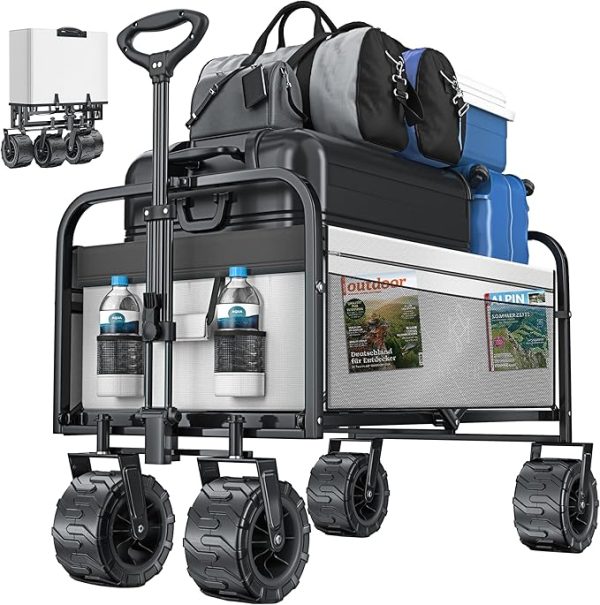 KESSER® Bollerwagen faltbar max. bis 150kg belastbar mit Breiten Vollgummi Reifen | Handwagen Transportkarre | Gerätewagen inkl. 2 Netztaschen & Seitentasche | Transportwagen Gartenanhänger klappbar – Bild 3