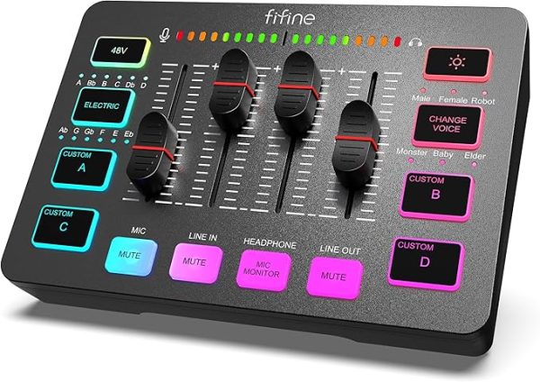 FIFINE Gaming Audio Mixer für PC, RGB Soundkarte für XLR Mikrofon, Audio Interface für Streaming Musiker, Mischpult für Gamer Creators Live YouTube, Individuelle Steuerung, Voice Changer – Bild 7
