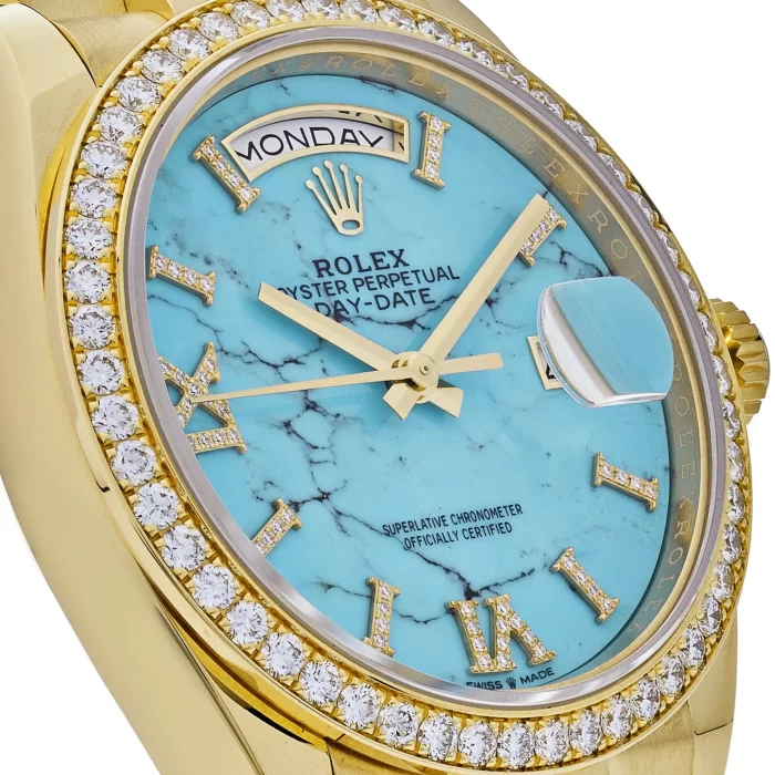 Rolex Day-Date 128348RBR Yellow Gold Diamond Bezel Turquoise Diamond Dial - 图片 3
