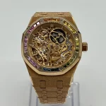 Audemars Piguet Royal Oak 15412OR.YG.1224OR.01-B Double Balance Wheel Baguette Gemstones Frosted Rose Gold Openworked Dial - 图片 4