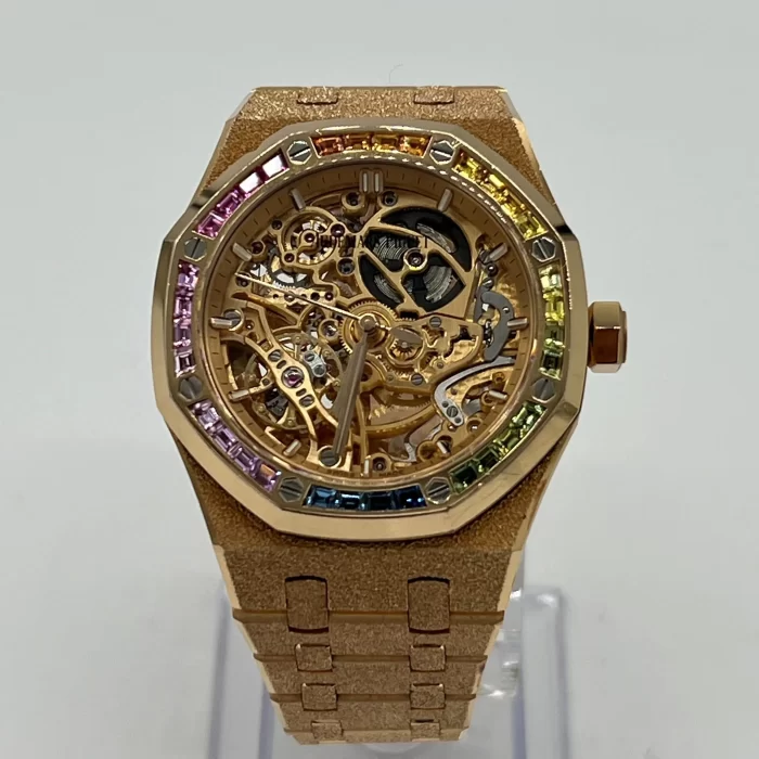 Audemars Piguet Royal Oak 15412OR.YG.1224OR.01-B Double Balance Wheel Baguette Gemstones Frosted Rose Gold Openworked Dial - 图片 4