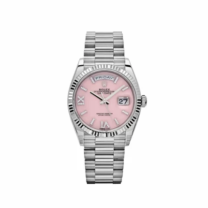 Rolex Day-Date 128239 White Gold Pink Opal Diamond Roman Numerals Dial