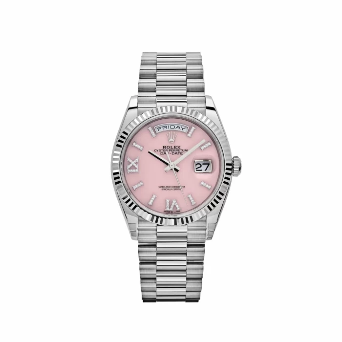 Rolex Day-Date 128239 White Gold Pink Opal Diamond Roman Numerals Dial - Image 1