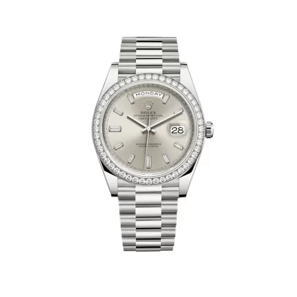 Rolex Day-Date 228349RBR White Gold Diamond Bezel Silver Diamond Dial