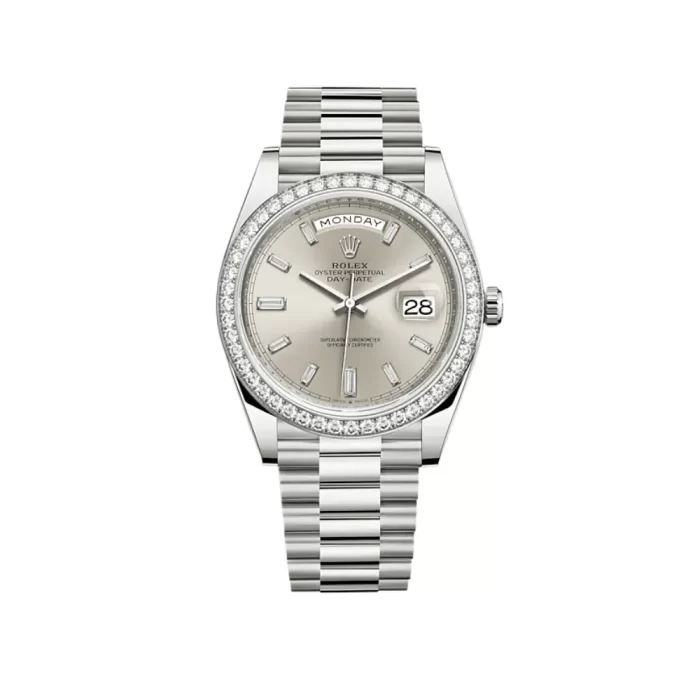 Rolex Day-Date 228349RBR White Gold Diamond Bezel Silver Diamond Dial - Image 1