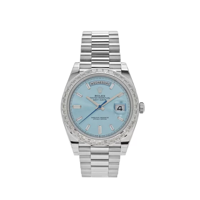 Rolex Day-Date 228396TBR Platinum Diamond Bezel Ice Blue Diamond Dial - Image 1