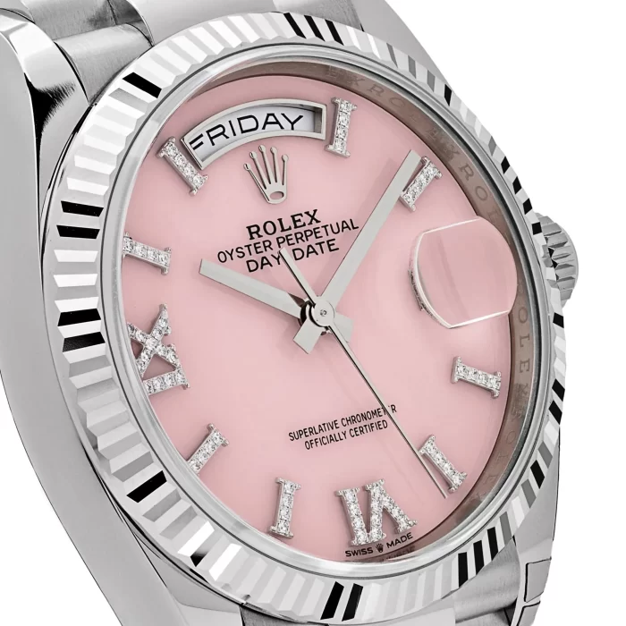 Rolex Day-Date 128239 White Gold Pink Opal Diamond Roman Numerals Dial - Image 4
