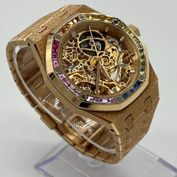 Audemars Piguet Royal Oak 15412OR.YG.1224OR.01-B Double Balance Wheel Baguette Gemstones Frosted Rose Gold Openworked Dial - 图片 5