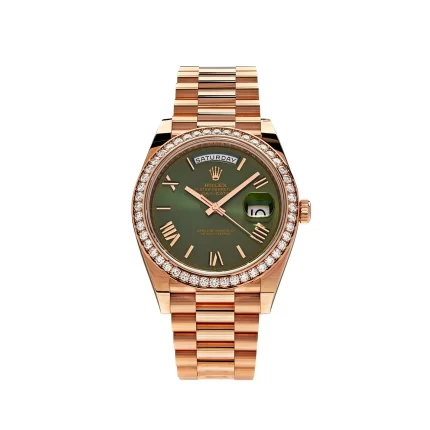 Rolex Day-Date 228345RBR Rose Gold Olive Green Dial Diamond Bezel