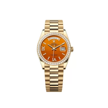 Rolex Day-Date 128348RBR Yellow Gold Carnelian Dial Diamond Bezel