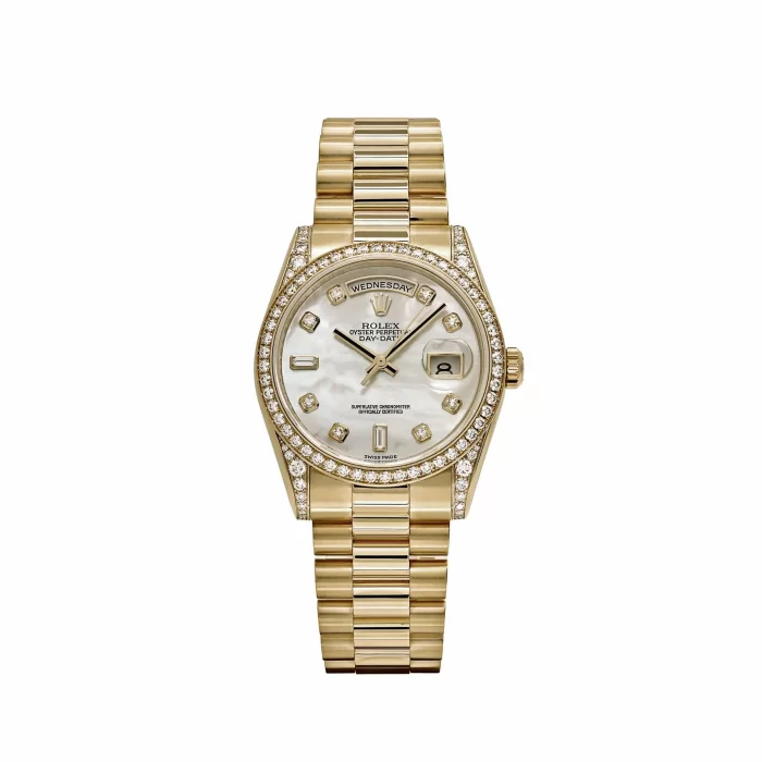 Rolex Day-Date 118388 Yellow Gold White Mother of Pearl Dial Diamond Bezel - 图片 1