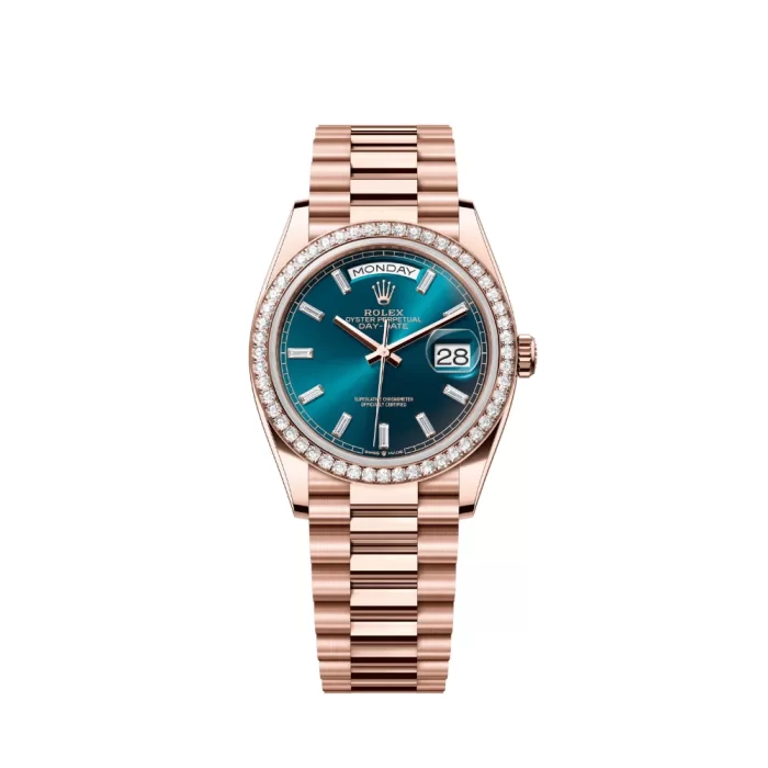 Rolex Day-Date 128345RBR Rose Gold Diamond Bezel Blue-Green Baguette Marker Dial - 图片 1