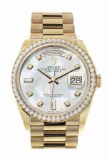 Rolex Day-Date 36 Mother of Pearl Dial Gold Diamond Bezel Watch 128348RBR-0017 128348RBR