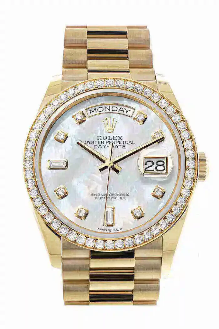 Rolex Day-Date 36 Mother of Pearl Dial Gold Diamond Bezel Watch 128348RBR-0017 128348RBR - 图片 1