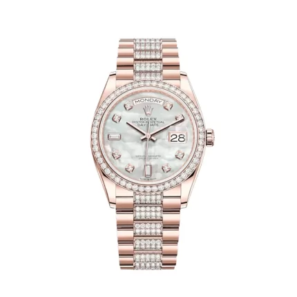 Rolex Day-Date 128345RBR Rose Gold Diamond Bezel Mother of Pearl Diamond Dial