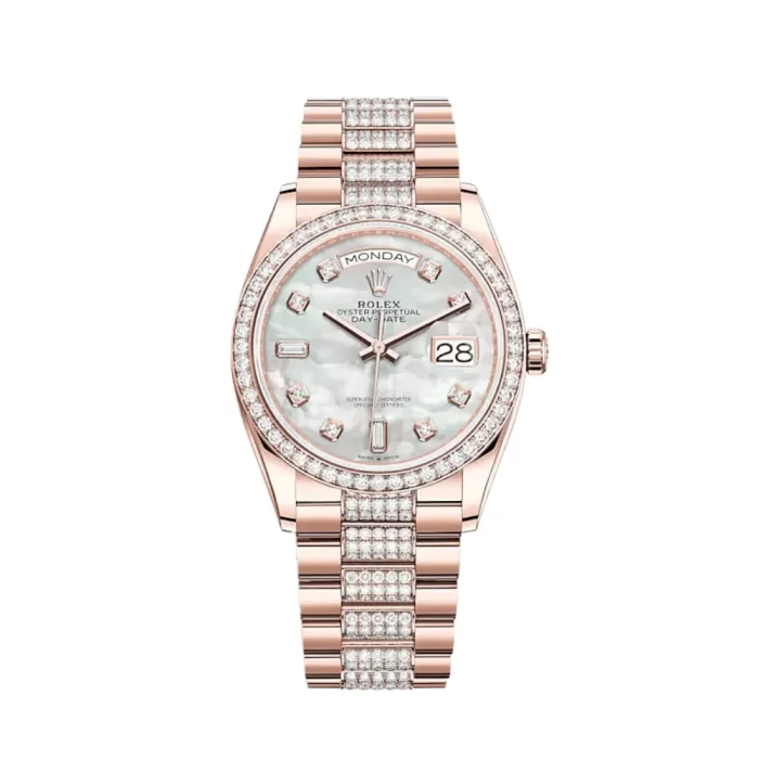 Rolex Day-Date 128345RBR Rose Gold Diamond Bezel Mother of Pearl Diamond Dial - 图片 1