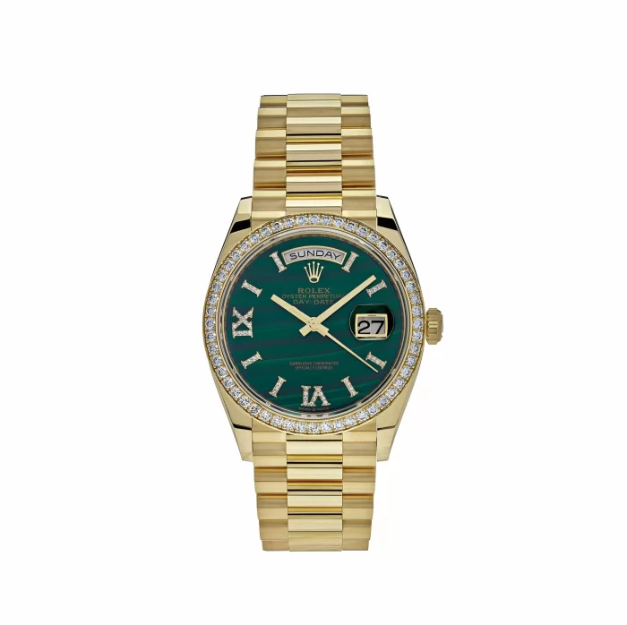 Rolex Day-Date 128348RBR Yellow Gold Green Malachite Dial Diamond Bezel - Image 1