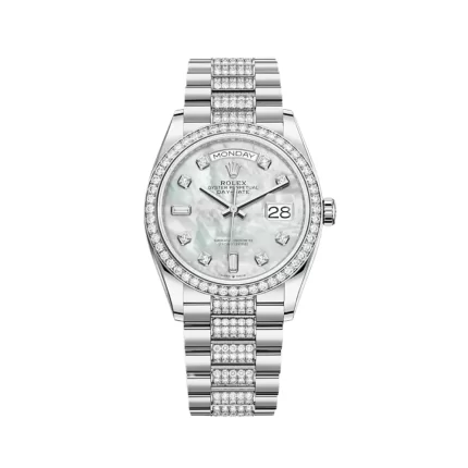 Rolex Day-Date 128349RBR White Gold Diamond Bezel Mother of Pearl Diamond Dial