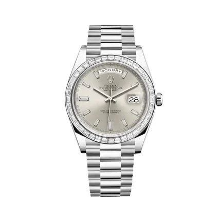Rolex Day-Date 228396TBR Platinum Diamond Bezel Silver Diamond Dial