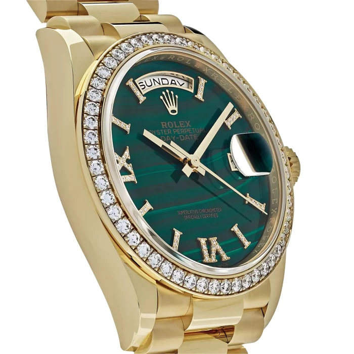 Rolex Day-Date 128348RBR Yellow Gold Green Malachite Dial Diamond Bezel - Image 3