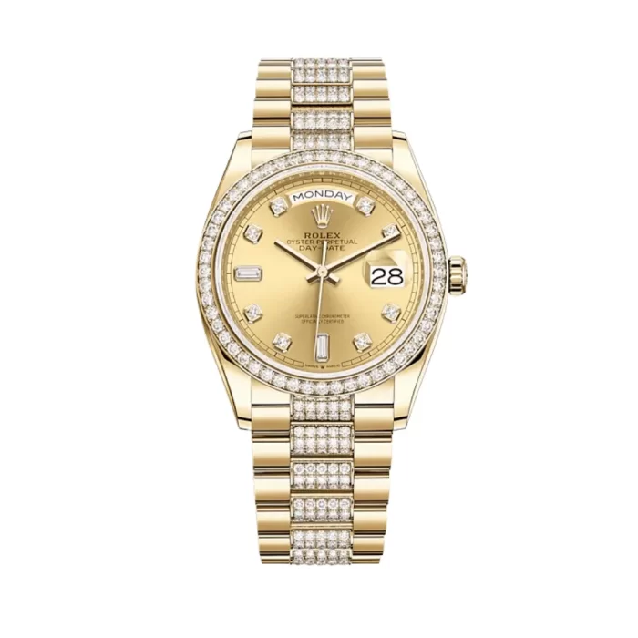 Rolex Day-Date 128348RBR Yellow Gold Diamond Bezel Champagne Diamond Dial - 图片 1