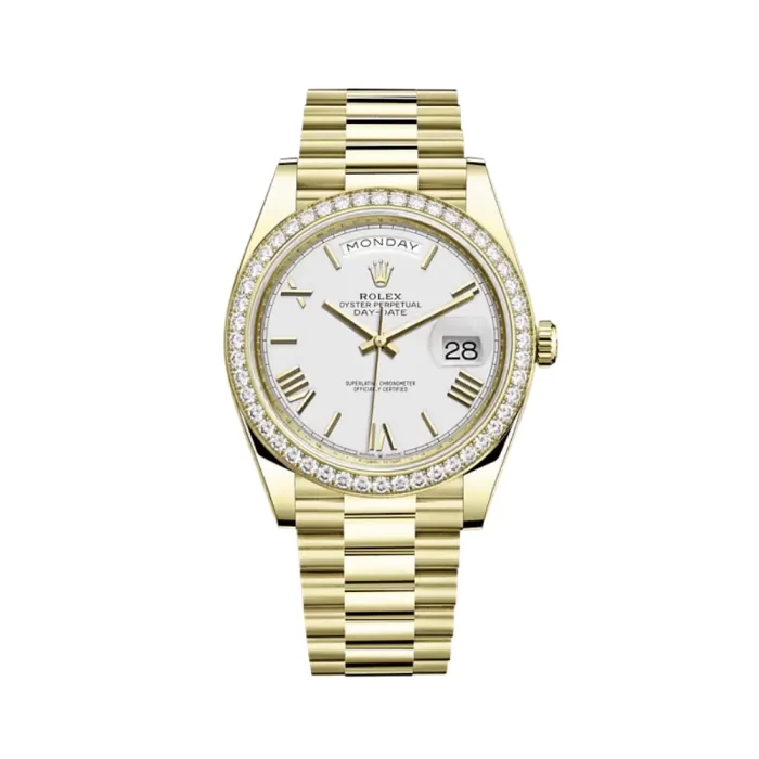 Rolex Day-Date 228348RBR Yellow Gold Diamond Bezel White Dial - 图片 1