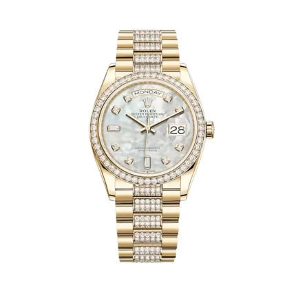 Rolex Day-Date 128348RBR Yellow Gold Diamond Bezel Mother of Pearl Diamond Dial